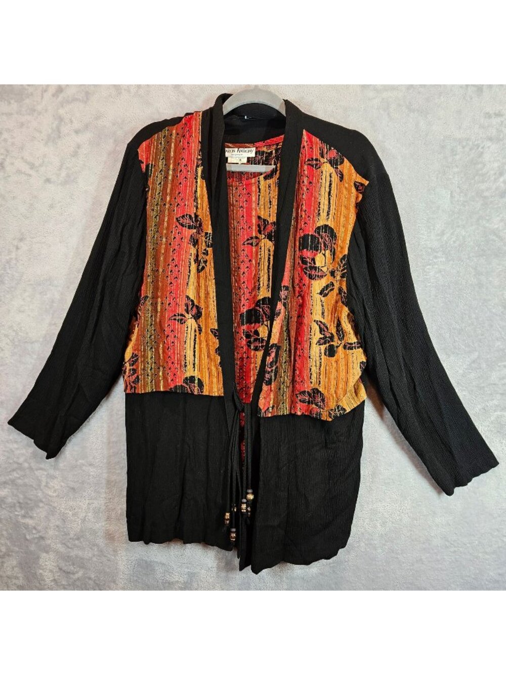 Sharon Anthony Womens L Open Front Jacket Top set Beaded Tie Floral gold retro
